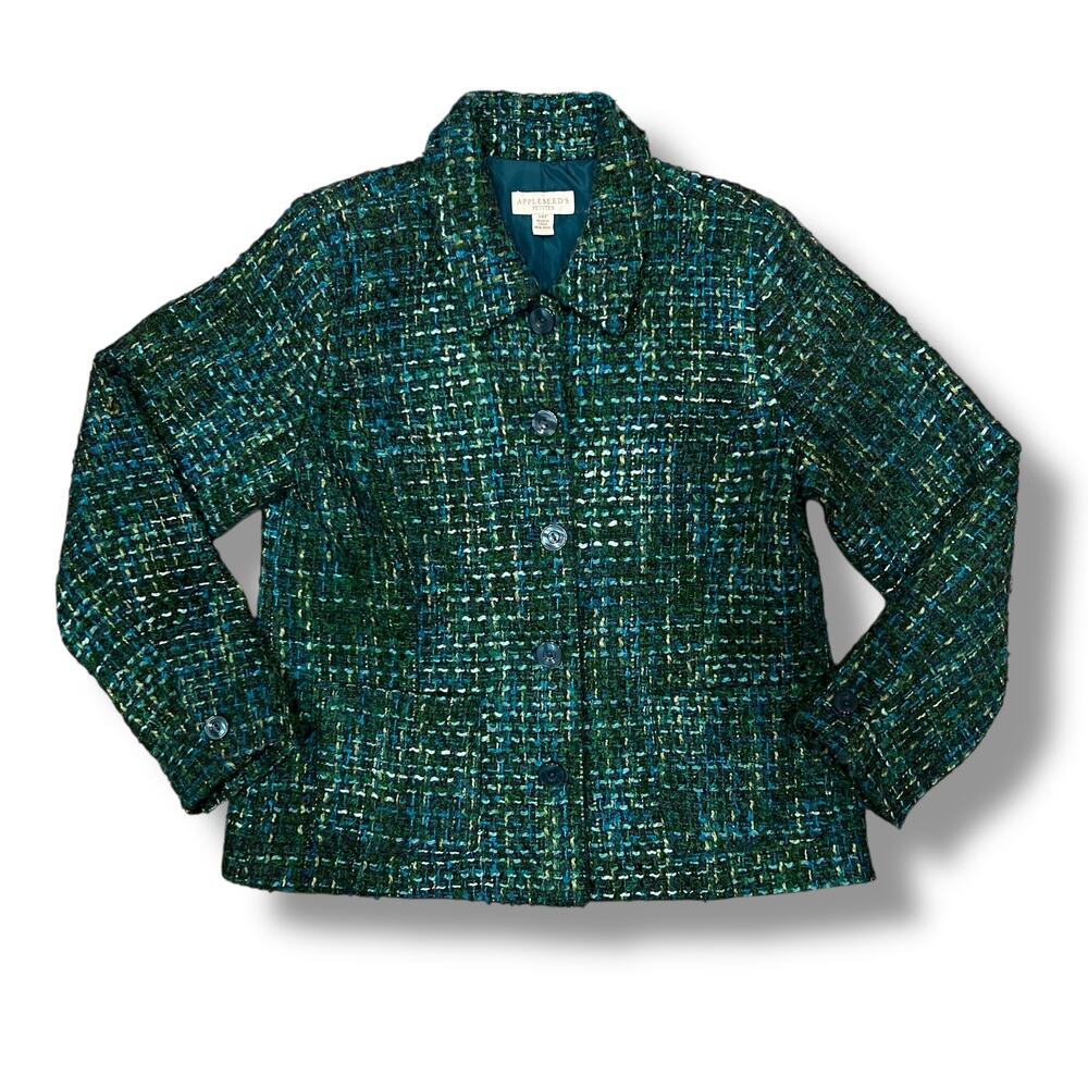 Appleseeds Wool Tweed Jacket Wool Blend Green Blue Blazer Size 14 Pockets